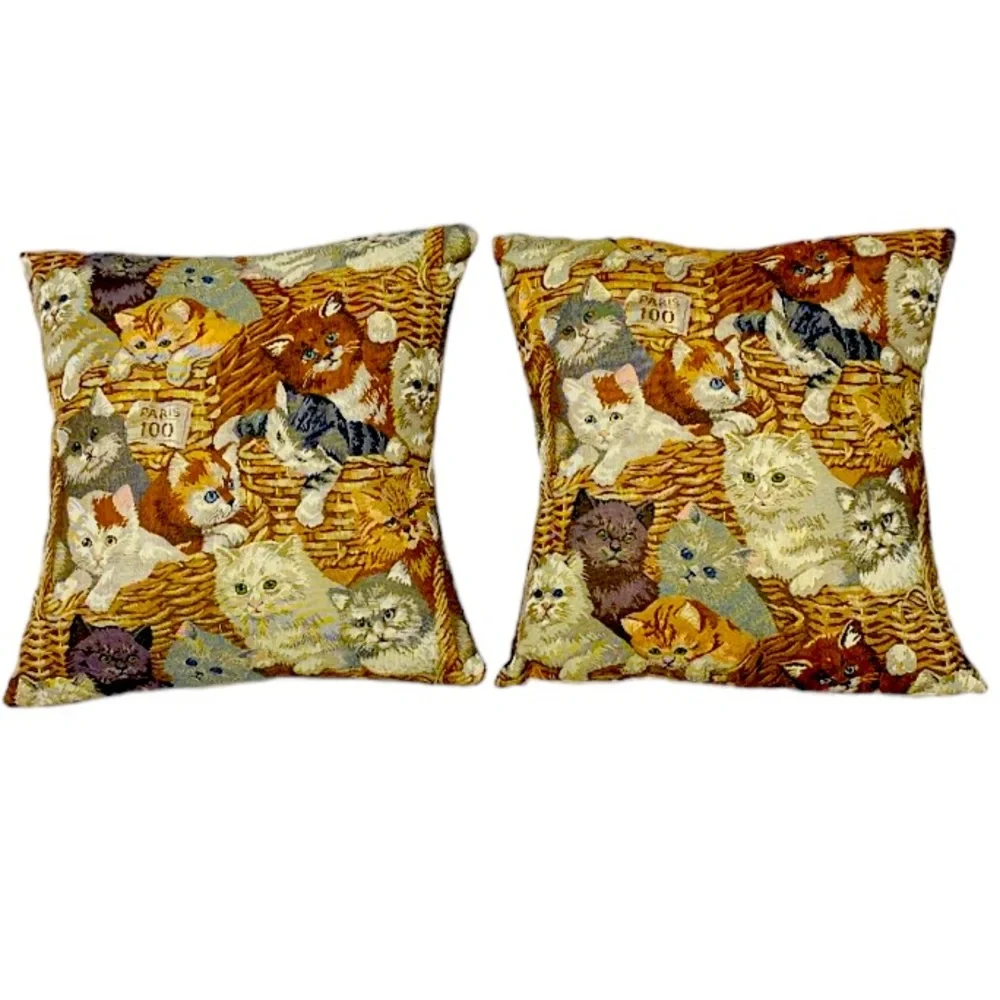 Cat Tapestry Throw Decorative Pillow 15” x 15” Paris Kitty Cluster Set‎ of two